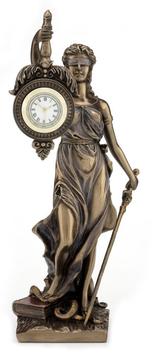 Goddess Themis holding clcock